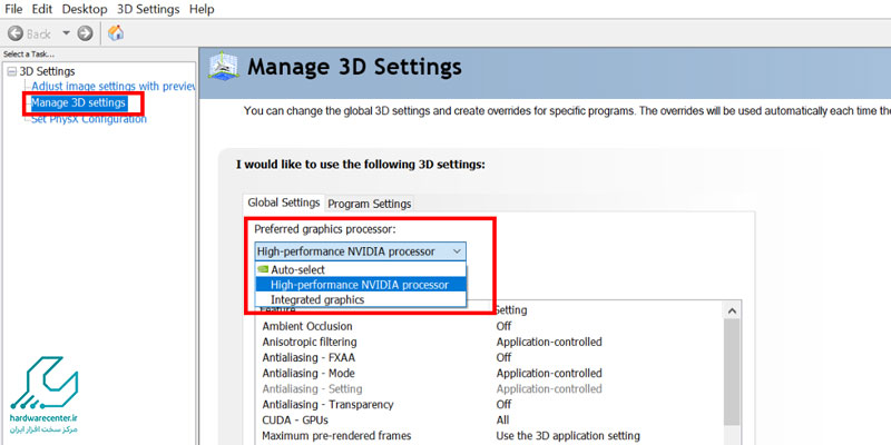 انتخاب کارت گرافیک در Nvidia Control Panel